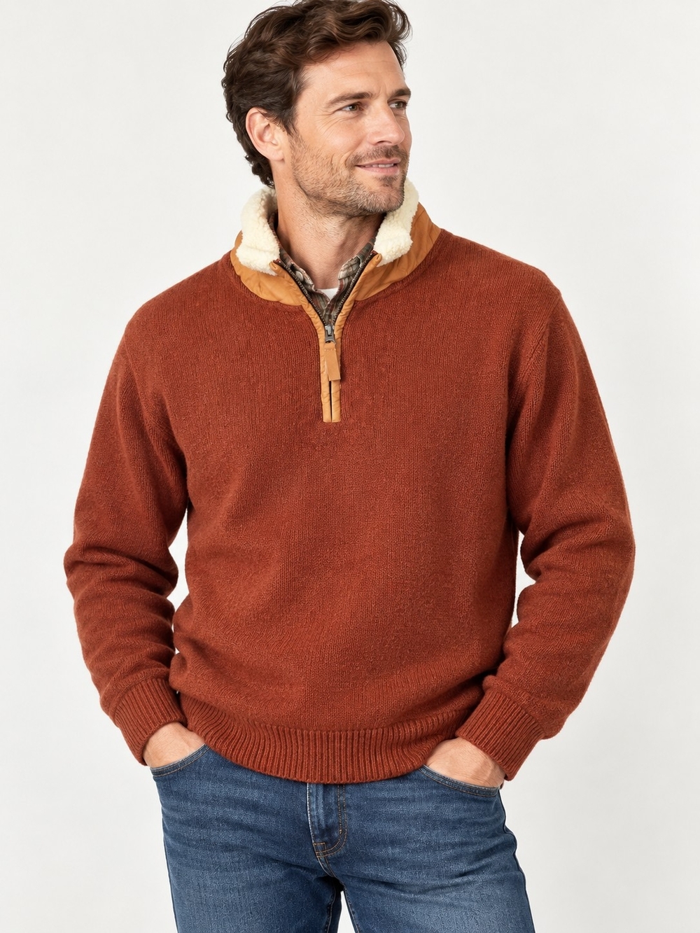 Orvis Lambswool Quarter Zip Sweater Leather Sherpa Collar Rust Burnt Orange XXL
